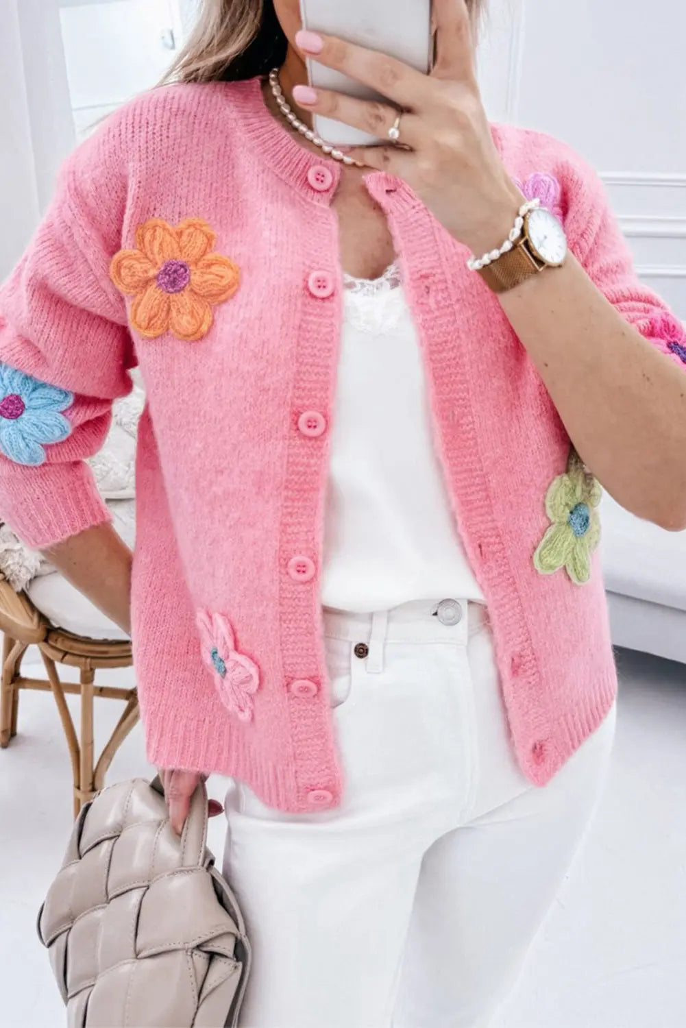 Pink Knitted Floral Pattern Button Up Cardigan - The Aurora Touch