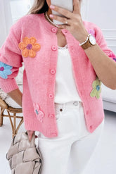 Pink Knitted Floral Pattern Button Up Cardigan - The Aurora Touch