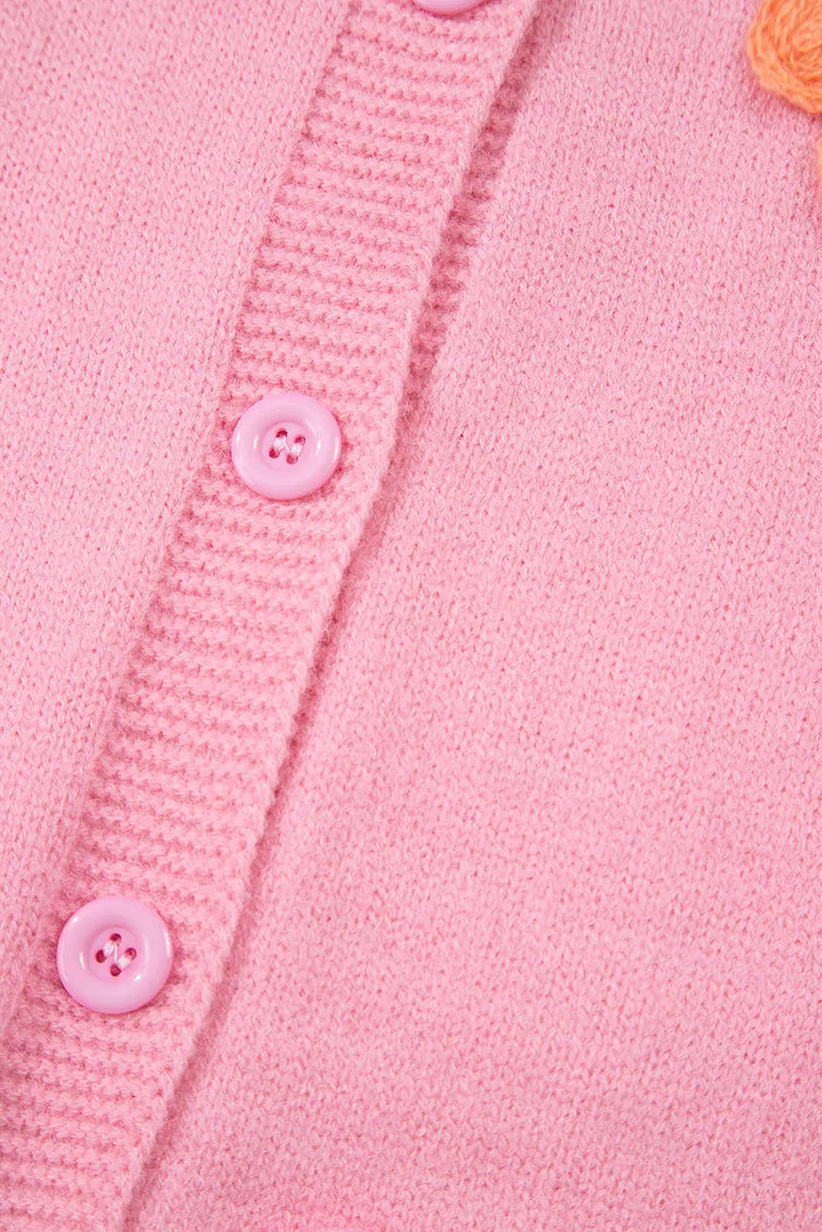 Pink Knitted Floral Pattern Button Up Cardigan - The Aurora Touch