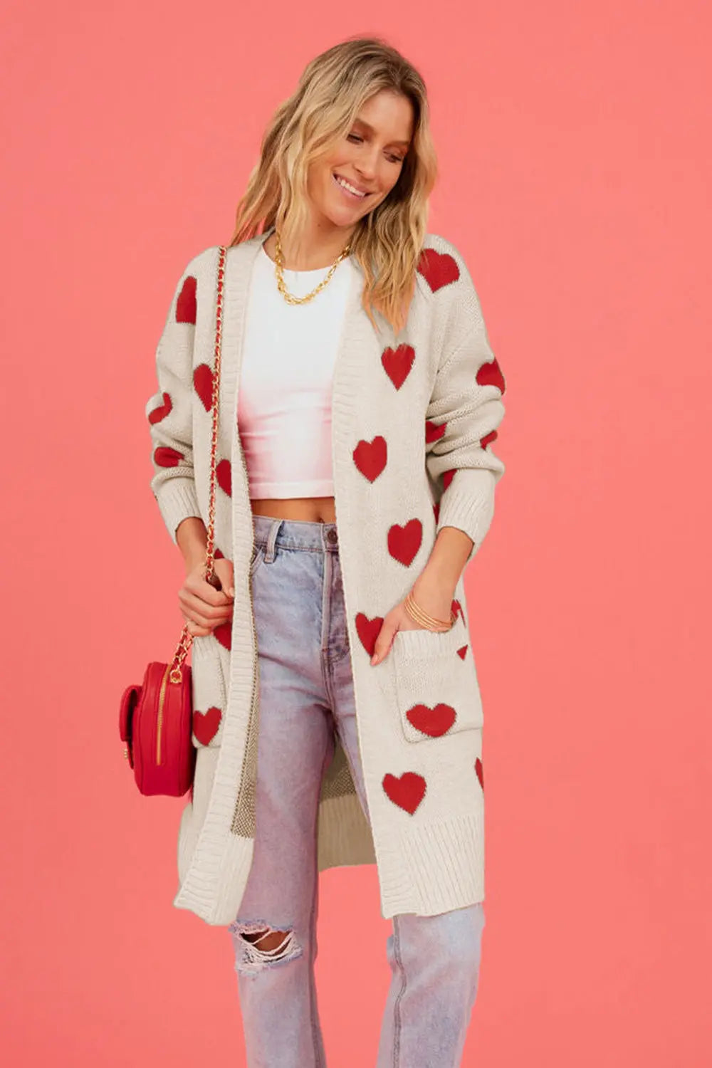 Heart Graphic Open Front Cardigan with Pockets The Aurora Touch