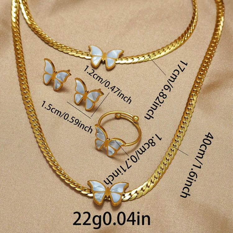 Lxalry 18K Gold Plated Butterfly Jewelry Set With Mirror Polish  Hypoallergenic Skin Safe 4PCS Necklace Earrings Bracelet Ring For Women, Never Fade Luxury Gift For Her CJ