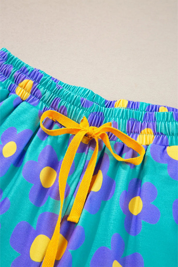 Green Flower Print Short Sleeve Shirt Pajamas Set The Aurora Touch