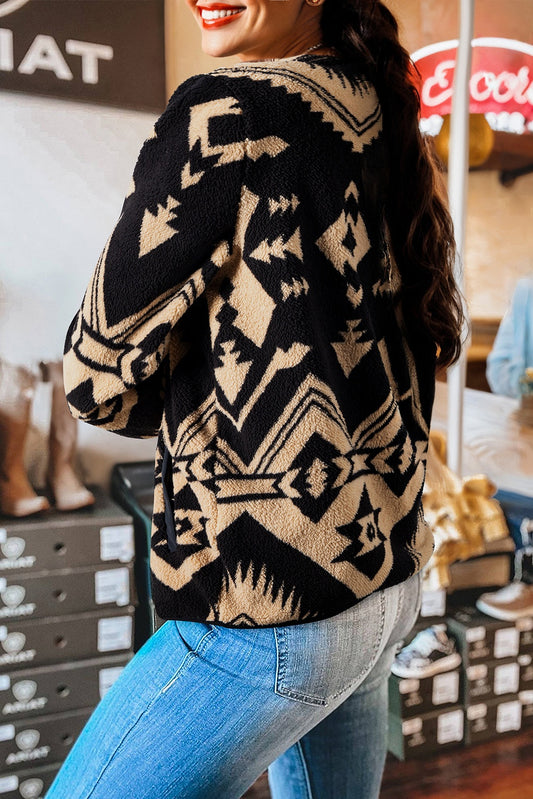 Black Western Aztec Half Zip Plush Sweatshirt- Trendy Comfy Wear