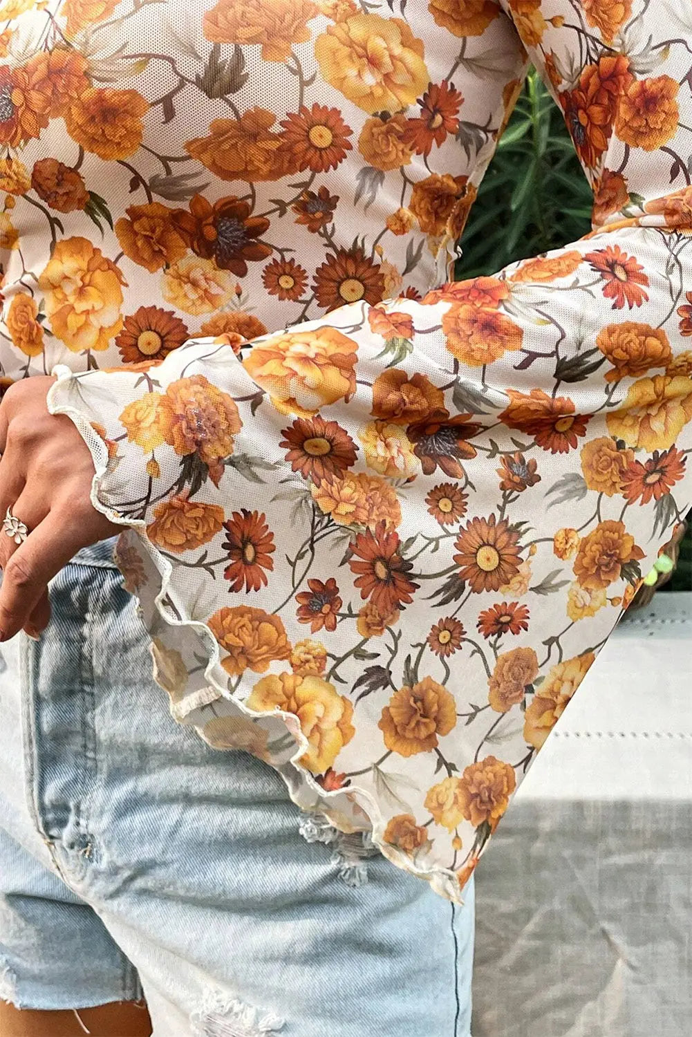 Orange Floral Printed Bell Sleeve Blouse - The Aurora Touch