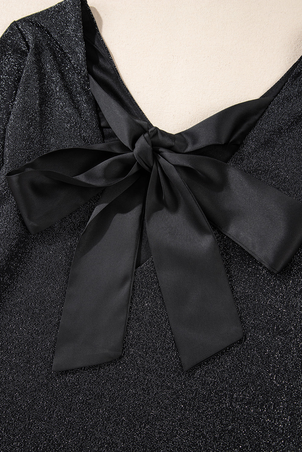 Women's Black Metallic Bowknot Open Back V Neck Top