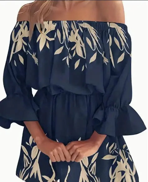Boho Leaf Graphic Print Off Shoulder Dress - The Aurora Touch