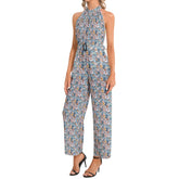Spring Summer Pastel 3D Floral Pattern Halter Neck Buckle Belted Jumpsuit Printy6