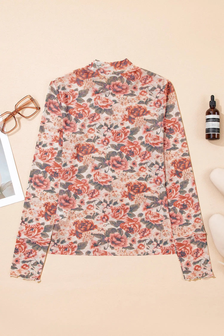 Floral Print Mesh Long Sleeve Top - The Aurora Touch