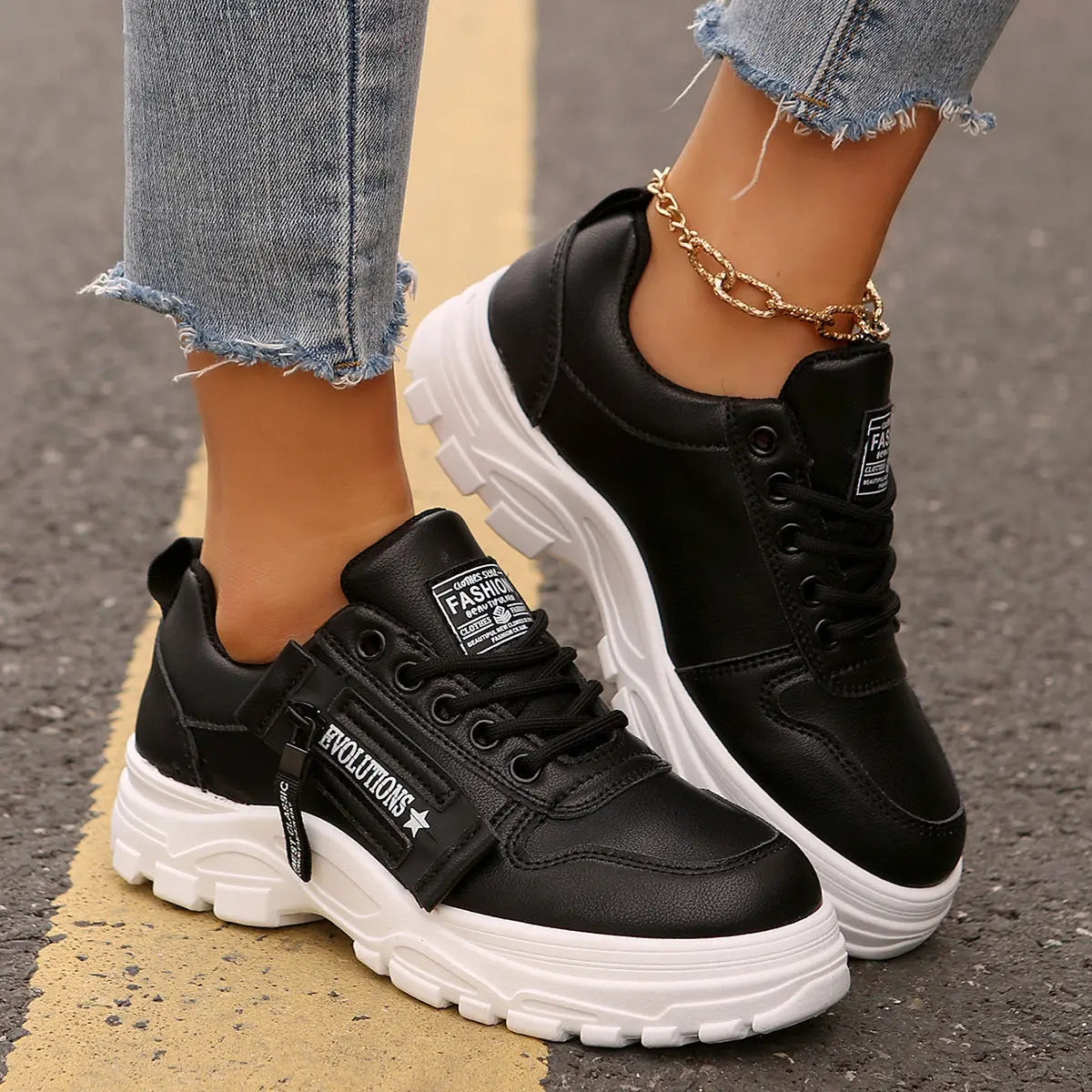 Lace-up Sports Shoes With Side-Zipper Design | Fashion Thick-soled Round-toe Casual Shoes For Women Sneakers CJ
