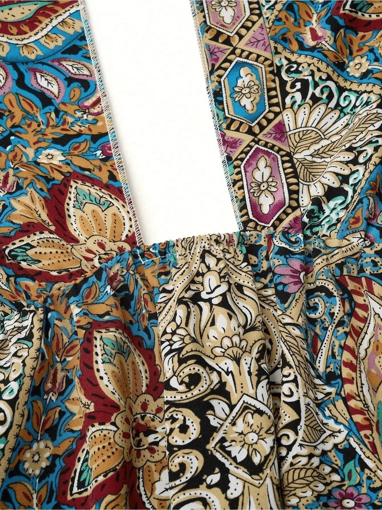 Women Print Maxi Dress High Waisted Cross Halter Neck With Tie Detail,Flowing Vacation Gown In Teal, Blue-Green & Brown Paisley   Pattern, Machine Washable, Summer Fashion Decorative Tie Detail The Aurora Touch
