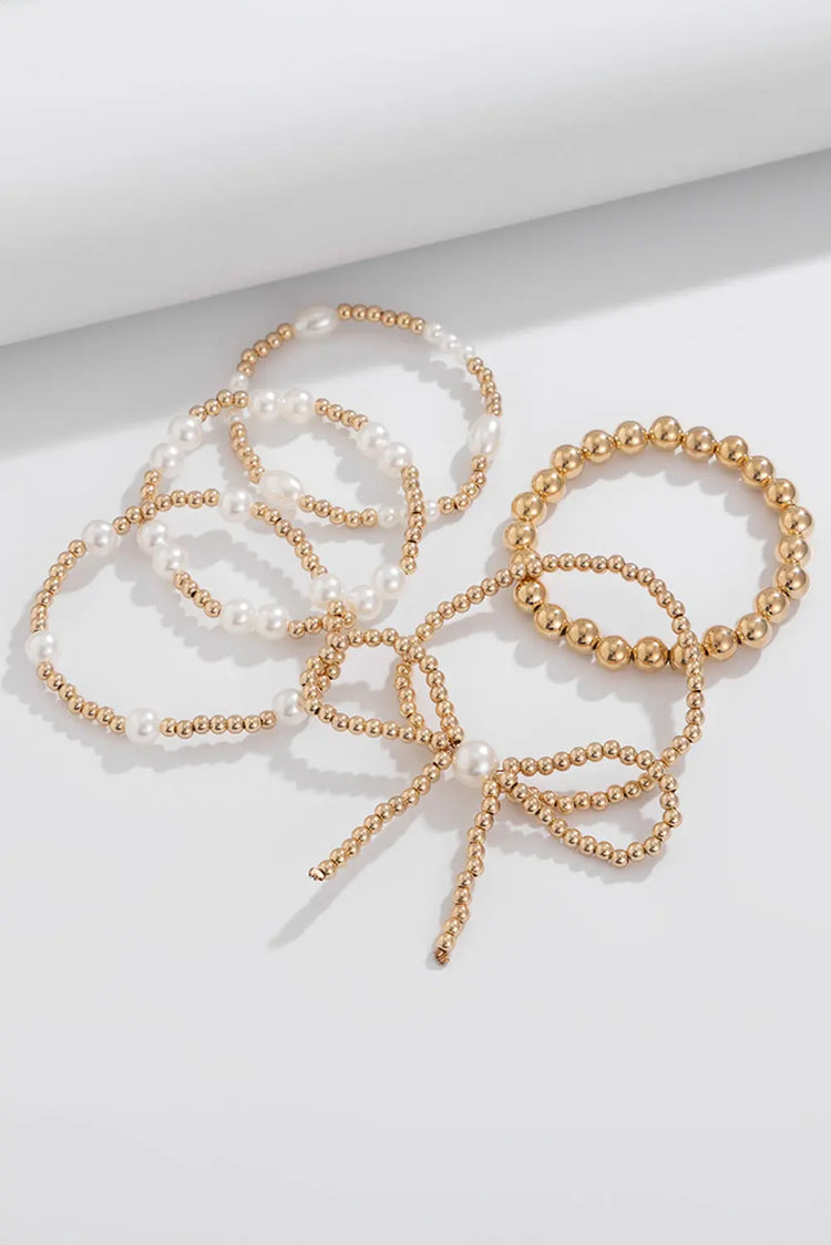 Gold Bow Knot Pearl Beaded Multi Layered Bracelet Set The Aurora Touch