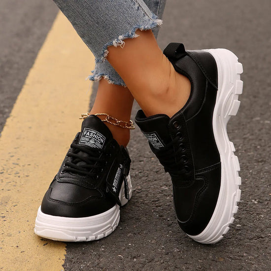 Lace-up Sports Shoes With Side-Zipper Design | Fashion Thick-soled Round-toe Casual Shoes For Women Sneakers CJ