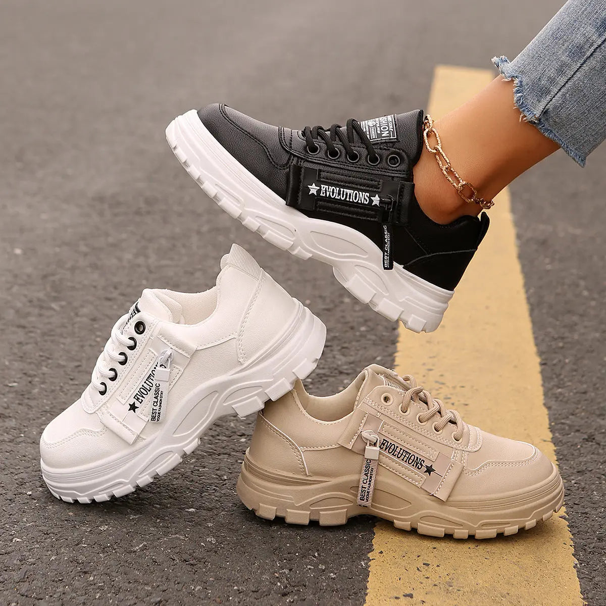 Lace-up Sports Shoes With Side-Zipper Design | Fashion Thick-soled Round-toe Casual Shoes For Women Sneakers CJ