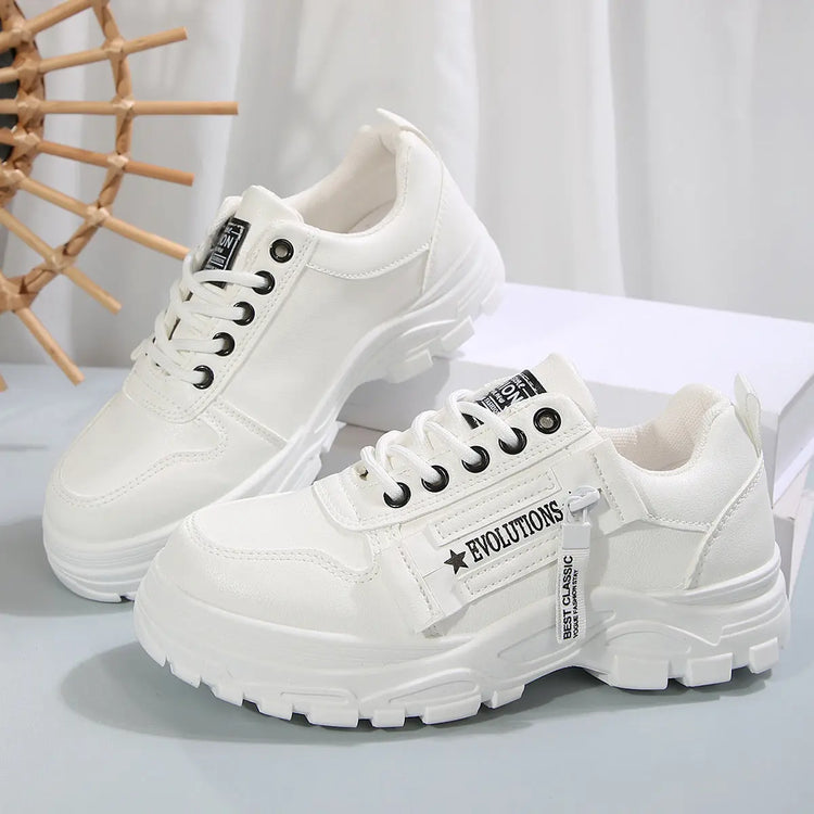 Lace-up Sports Shoes With Side-Zipper Design | Fashion Thick-soled Round-toe Casual Shoes For Women Sneakers CJ