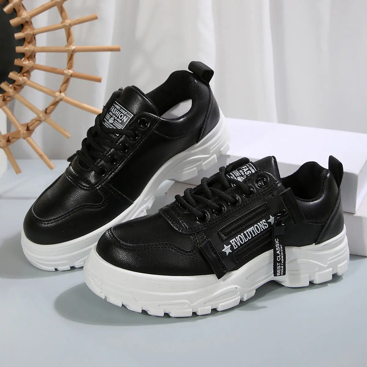 Lace-up Sports Shoes With Side-Zipper Design | Fashion Thick-soled Round-toe Casual Shoes For Women Sneakers CJ