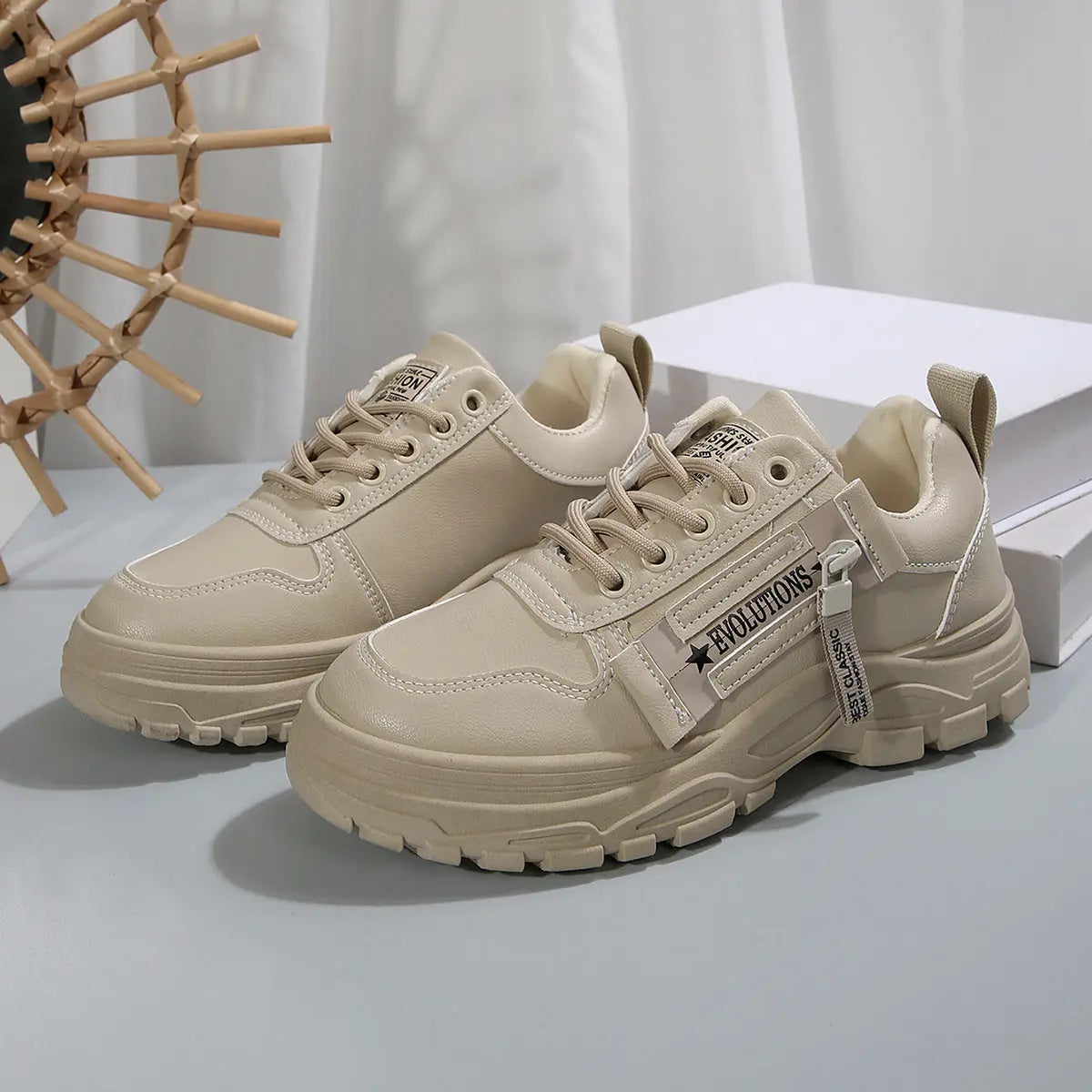 Lace-up Sports Shoes With Side-Zipper Design | Fashion Thick-soled Round-toe Casual Shoes For Women Sneakers CJ