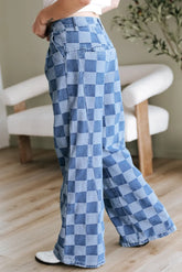 Dusk Blue Checkered Denim Wide Leg Jeans The Aurora Touch