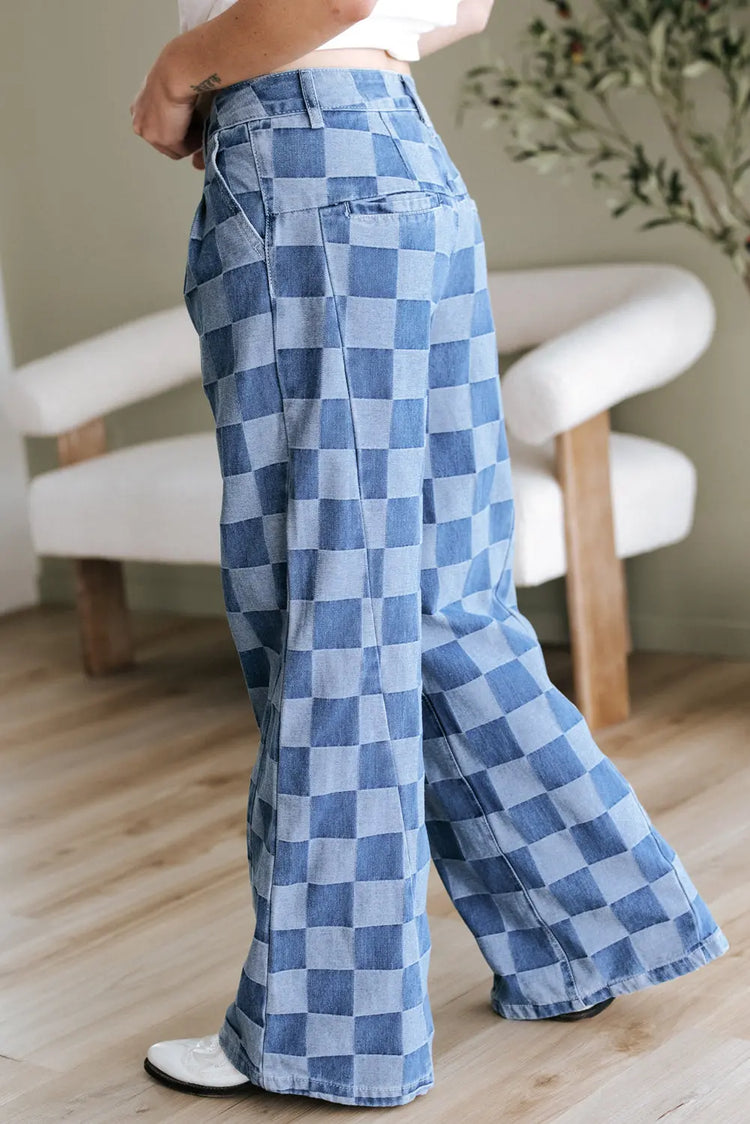 Dusk Blue Checkered Denim Wide Leg Jeans The Aurora Touch