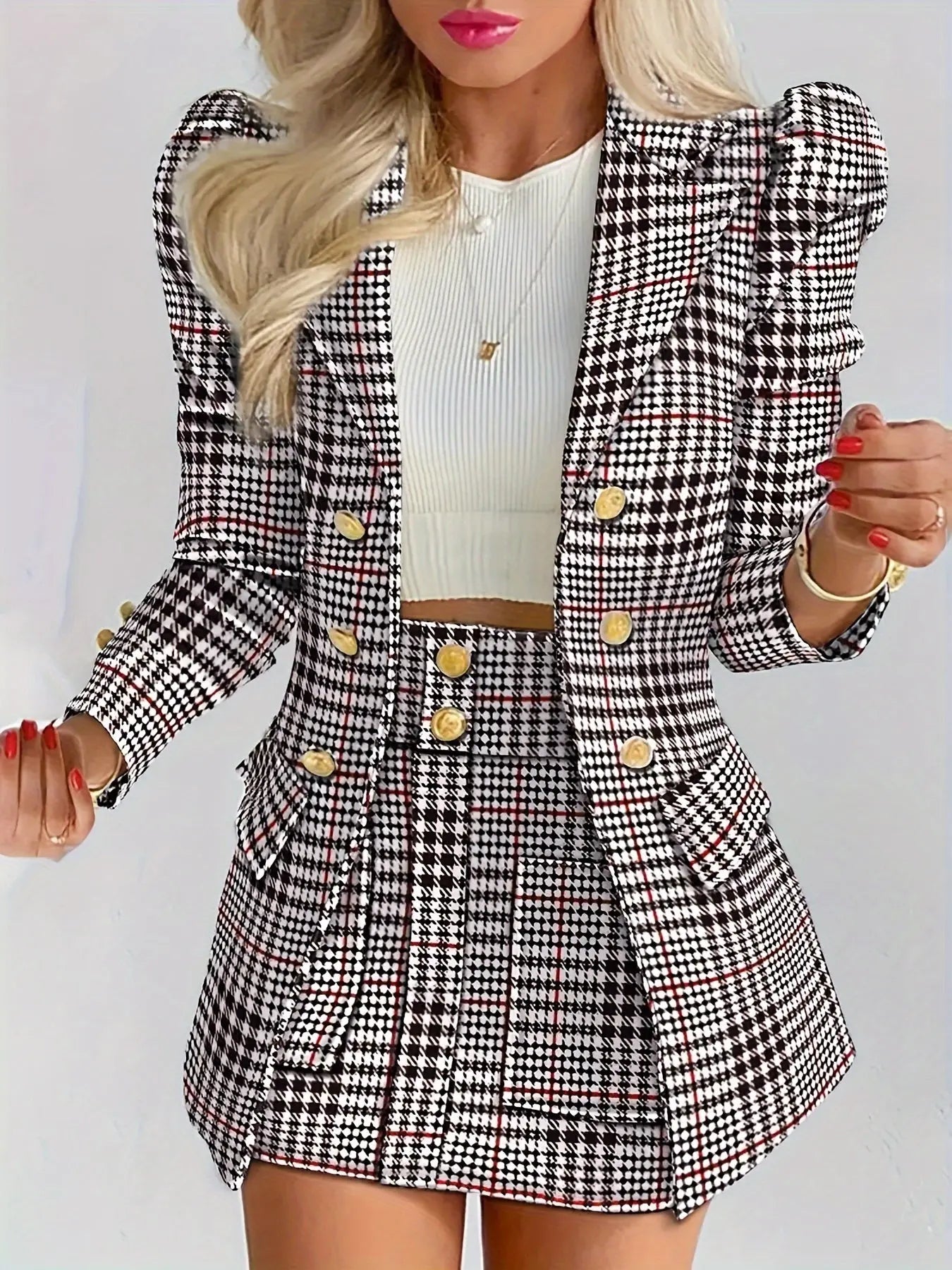 Ladies Fashion Casual Slim Suit Two-piece Plaid Pattern with Buttons, Lapel Long Sleeve Suit Jacket and High Waist Skirt The Aurora Touch
