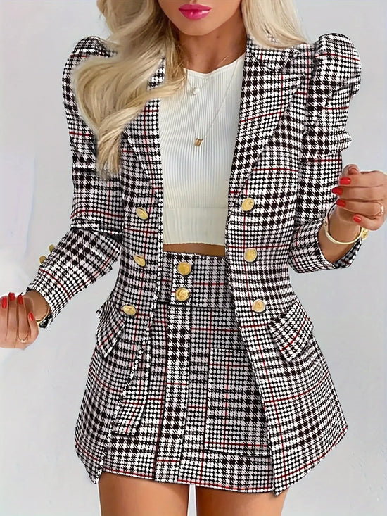 Ladies Fashion Casual Slim Suit Two-piece Plaid Pattern with Buttons, Lapel Long Sleeve Suit Jacket and High Waist Skirt The Aurora Touch