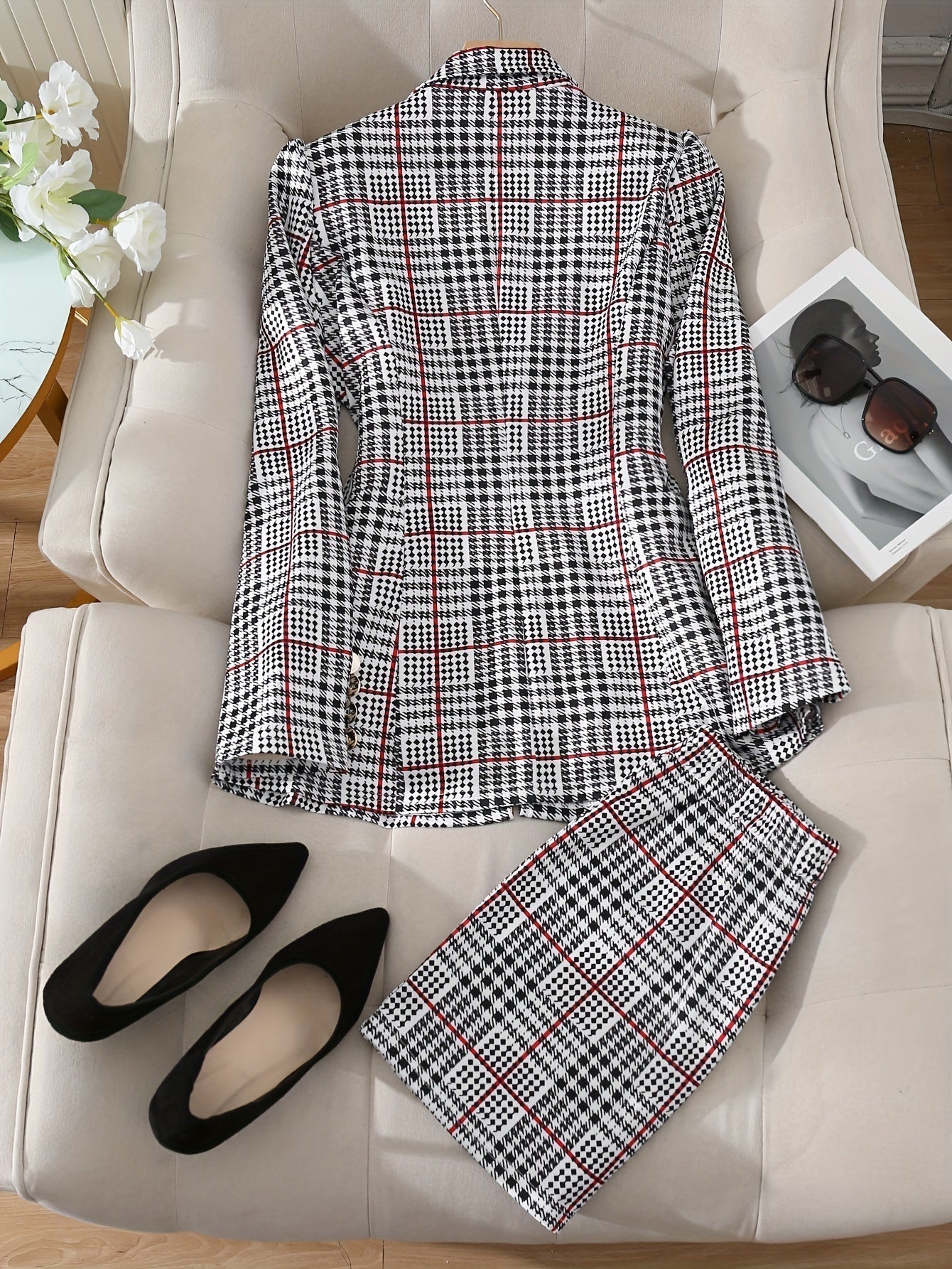 Ladies Fashion Casual Slim Suit Two-piece Plaid Pattern with Buttons, Lapel Long Sleeve Suit Jacket and High Waist Skirt