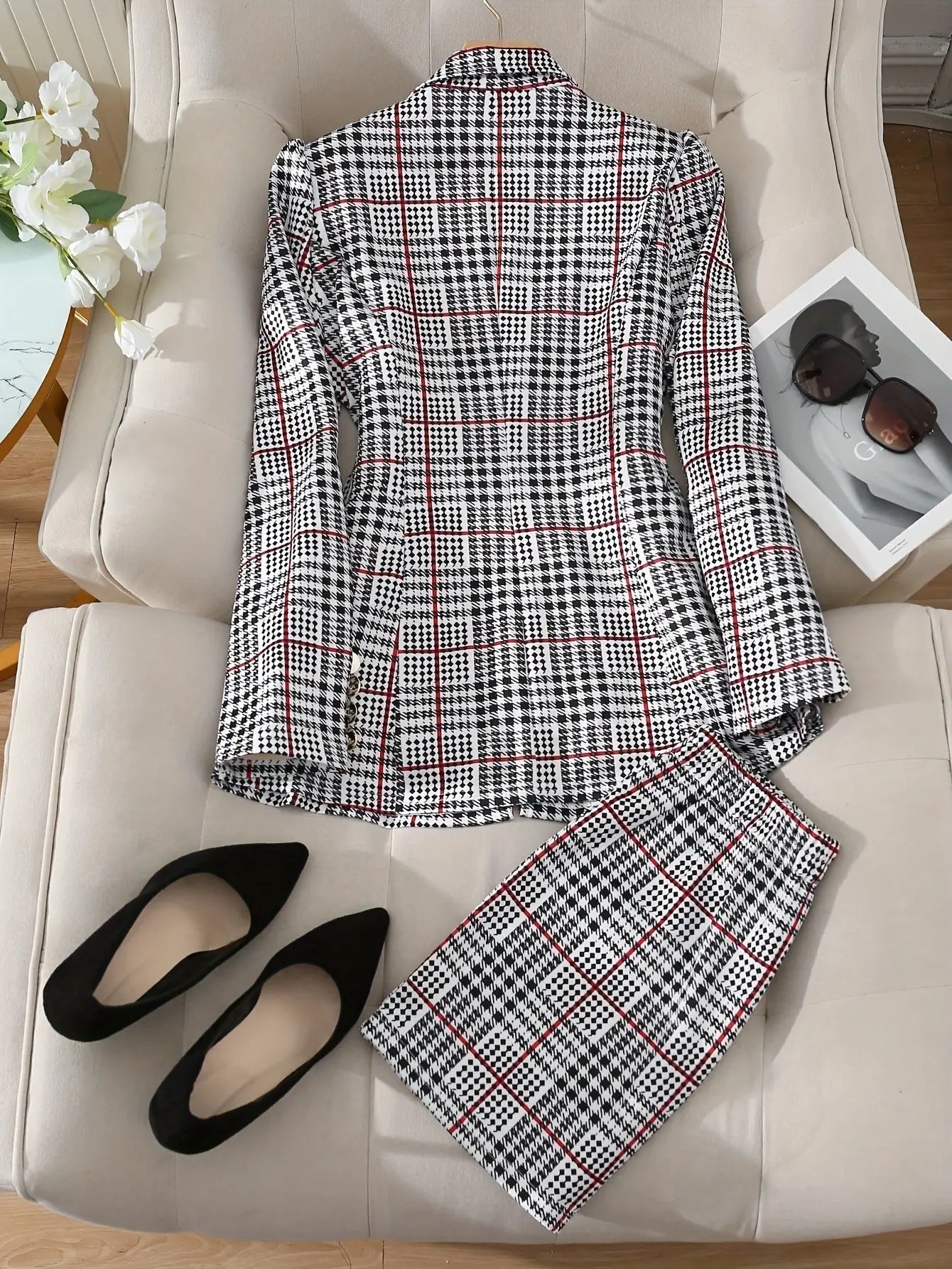 Ladies Fashion Casual Slim Suit Two-piece Plaid Pattern with Buttons, Lapel Long Sleeve Suit Jacket and High Waist Skirt The Aurora Touch