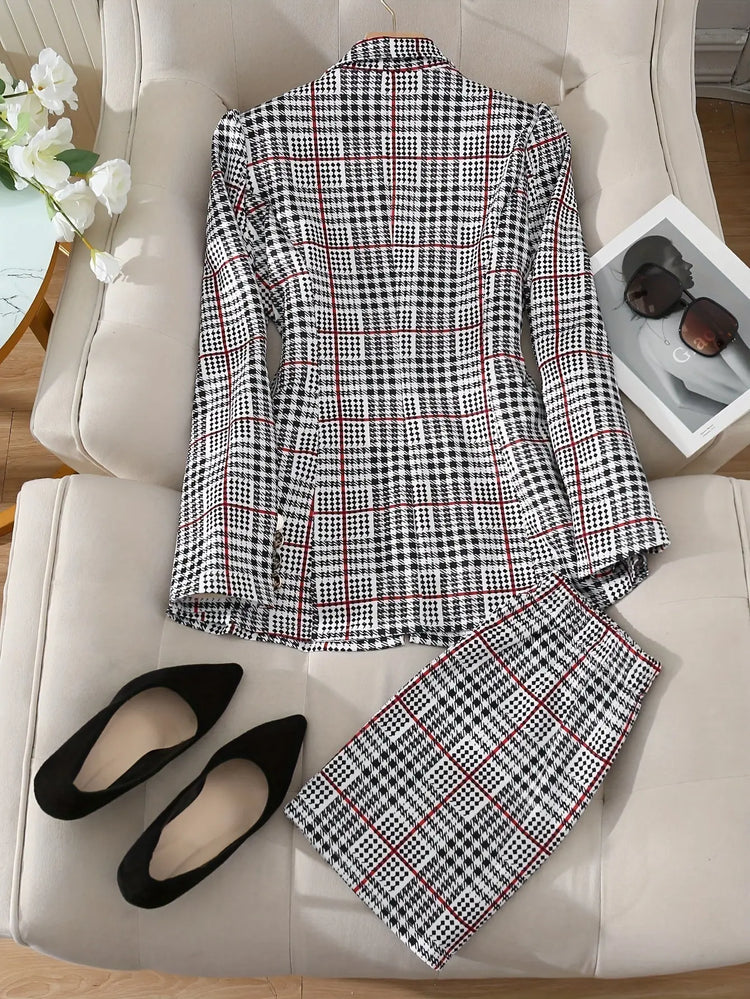 Ladies Fashion Casual Slim Suit Two-piece Plaid Pattern with Buttons, Lapel Long Sleeve Suit Jacket and High Waist Skirt The Aurora Touch