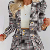 Ladies Fashion Casual Slim Suit Two-piece Plaid Pattern with Buttons, Lapel Long Sleeve Suit Jacket and High Waist Skirt The Aurora Touch