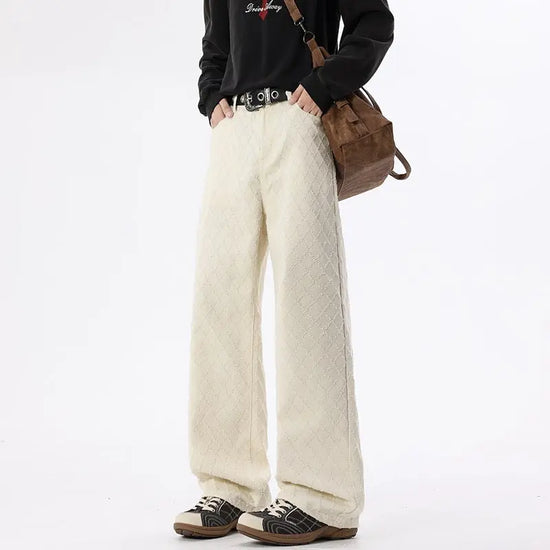 Casual White Checkered Denim Pants for Men