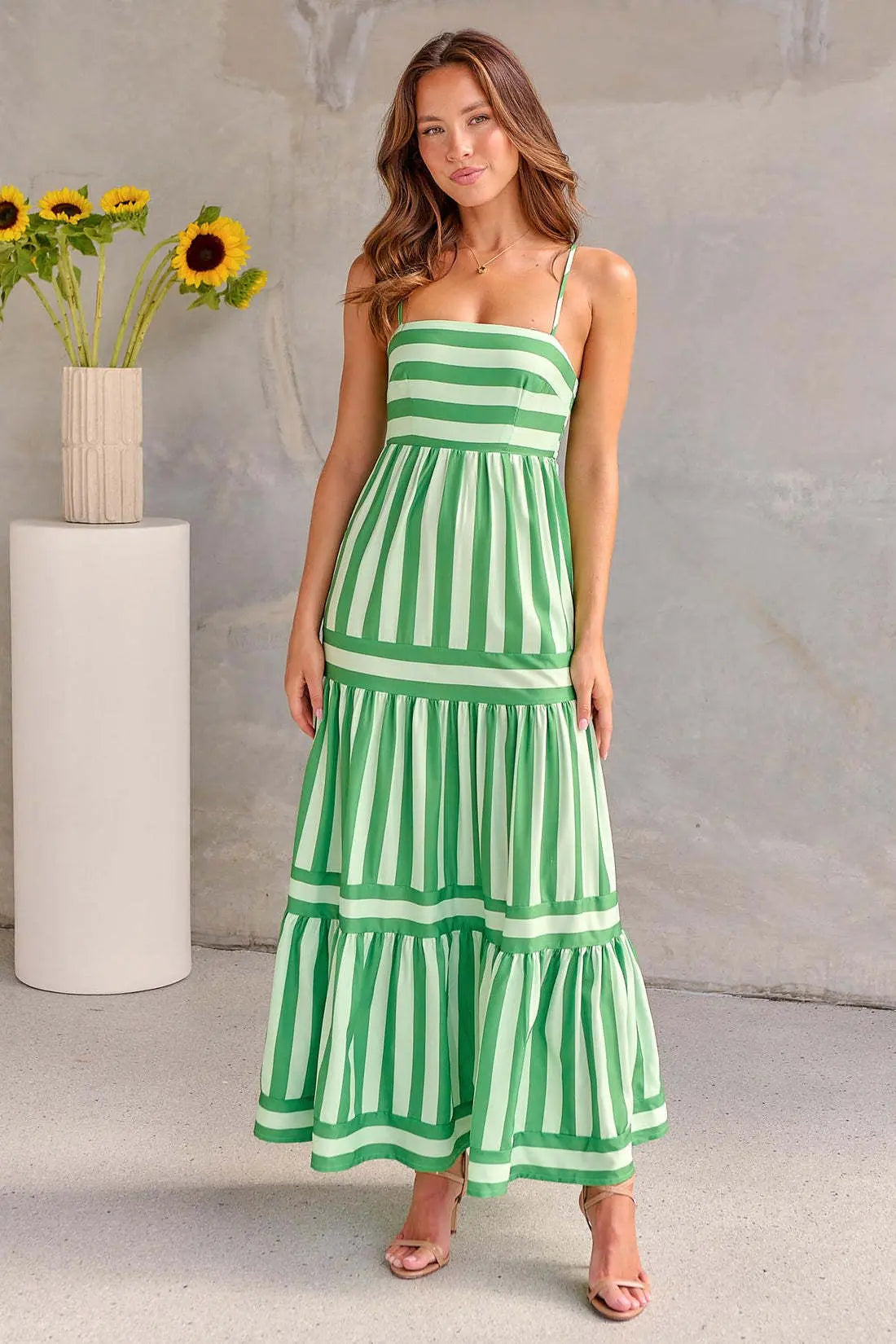 Summer Striped Printed Suspender Long Dress With Pockets | Fashion Square Neck Backless Dress The Aurora Touch