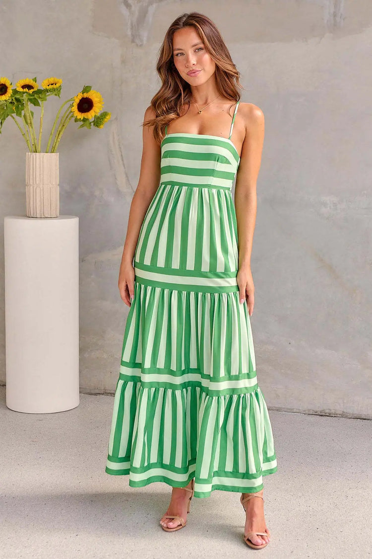 Summer Striped Printed Suspender Long Dress With Pockets | Fashion Square Neck Backless Dress The Aurora Touch