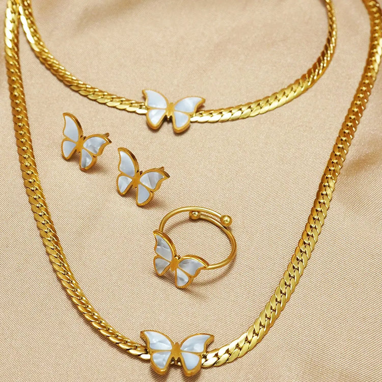 Lxalry 18K Gold Plated Butterfly Jewelry Set With Mirror Polish  Hypoallergenic Skin Safe 4PCS Necklace Earrings Bracelet Ring For Women, Never Fade Luxury Gift For Her CJ