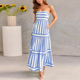 Summer Striped Printed Suspender Long Dress With Pockets | Fashion Square Neck Backless Dress The Aurora Touch