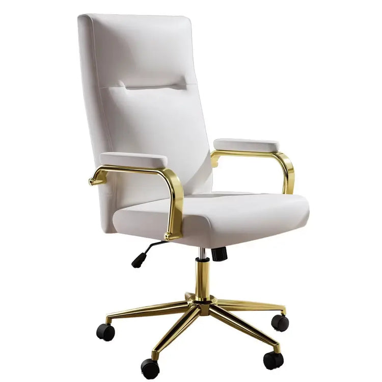 Executive Stylish White Leather Office Chair High Back with Gold Arms and Wheels | Excellent Back Support The Aurora Touch
