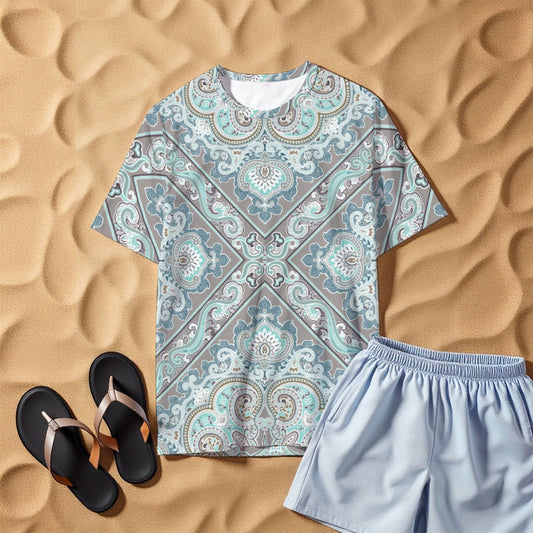 Light Teal All-Over Print Men's O-Neck Designer T-Shirt | 190GSM Cotton