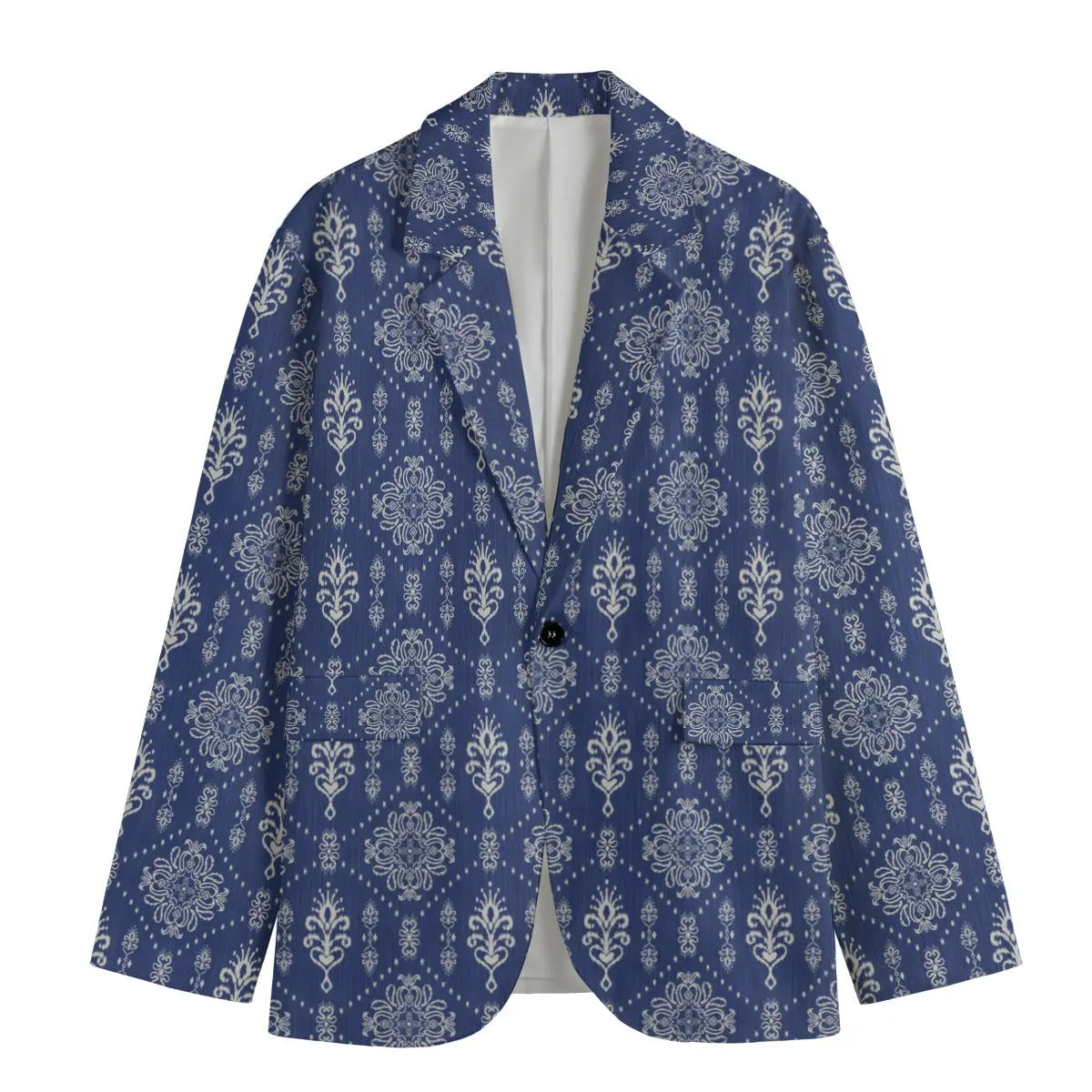 Royal Blue Damask Pattern All-Over Print Men's Casual Flat Lapel Collar Blazer | 100% Cotton Yoycol