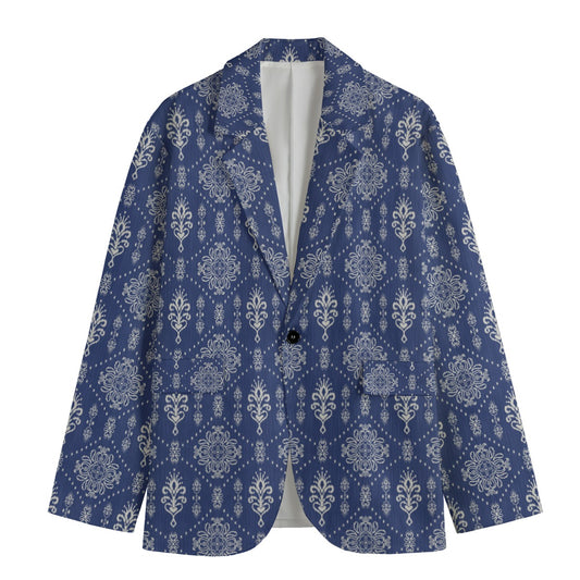 Royal Blue Damask Pattern All-Over Print Men's Casual Flat Lapel Collar Blazer | 100% Cotton