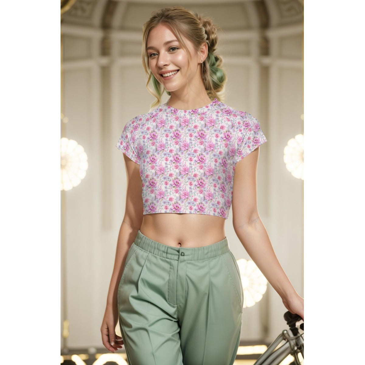 Floral All-Over Print Pattern Women's Raglan Cropped T-shirt