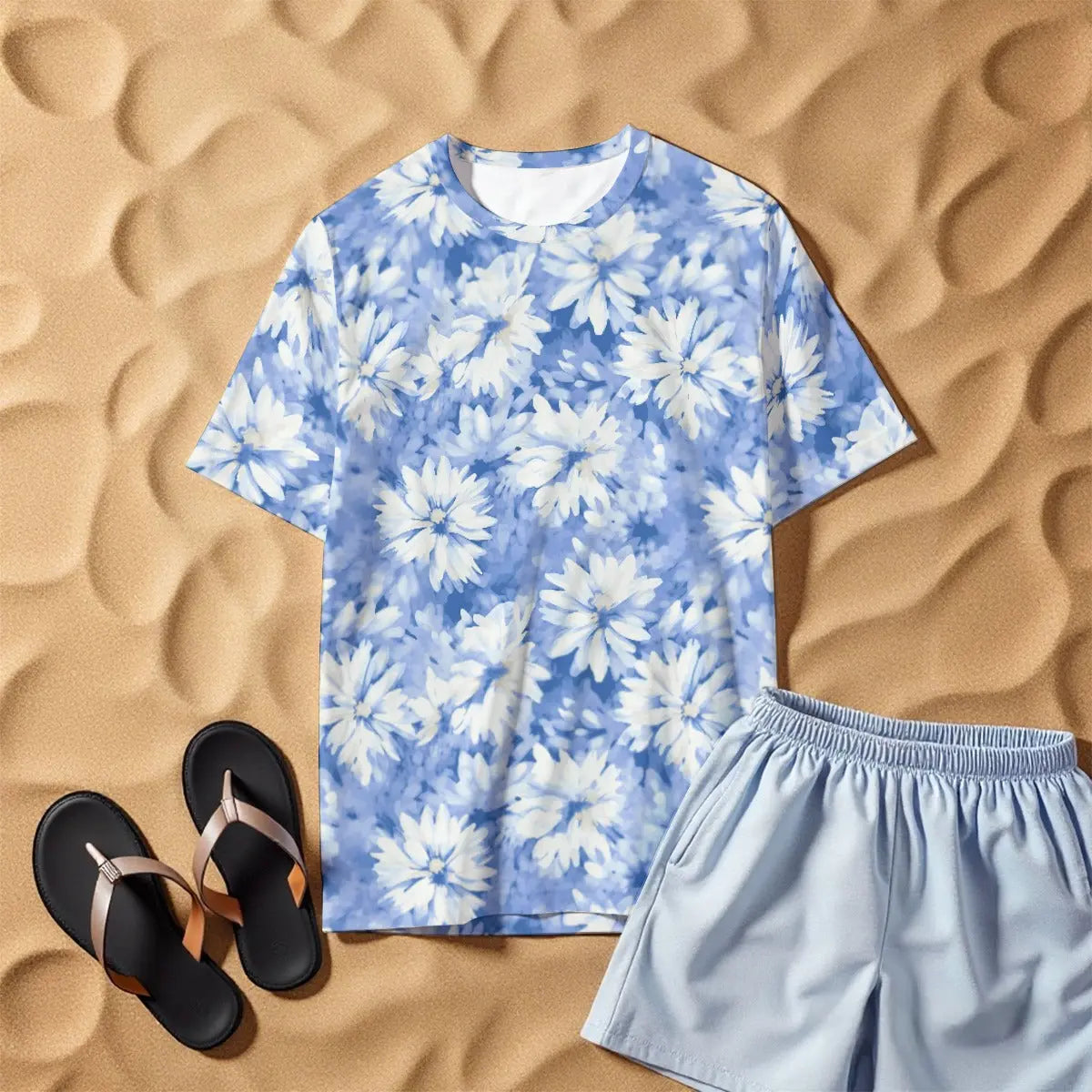 Light Blue White Floral All-Over Print Men&