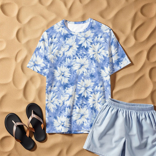 Light Blue White Floral All-Over Print Men's O-Neck T-Shirt | 190GSM Cotton