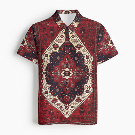 Burgundy Red Geometric Floral Men's Designer Classic Polo Collar Shirt