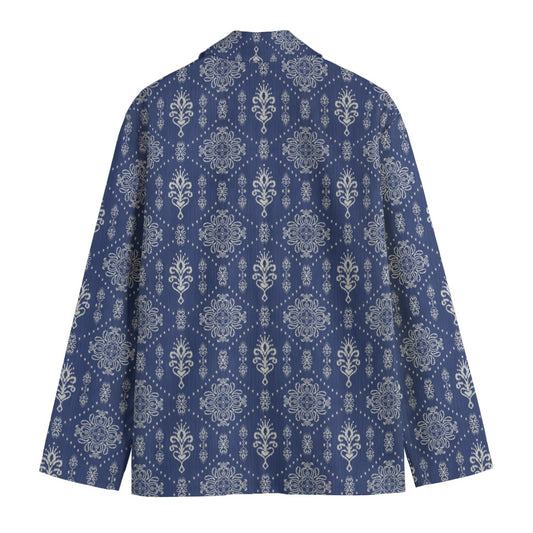 Royal Blue Damask Pattern All-Over Print Men's Casual Flat Lapel Collar Blazer | 100% Cotton