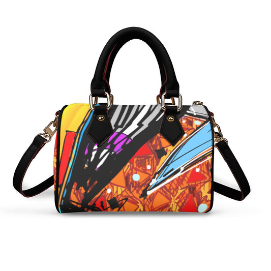 Classic Barrel-Shaped Vegan Leather Handbag- Retro Bold Print Design