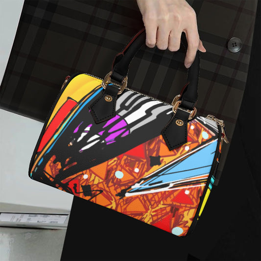 Classic Barrel-Shaped Vegan Leather Handbag- Retro Bold Print Design