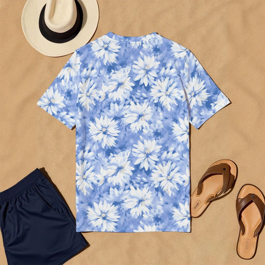 Light Blue White Floral All-Over Print Men's O-Neck T-Shirt | 190GSM Cotton
