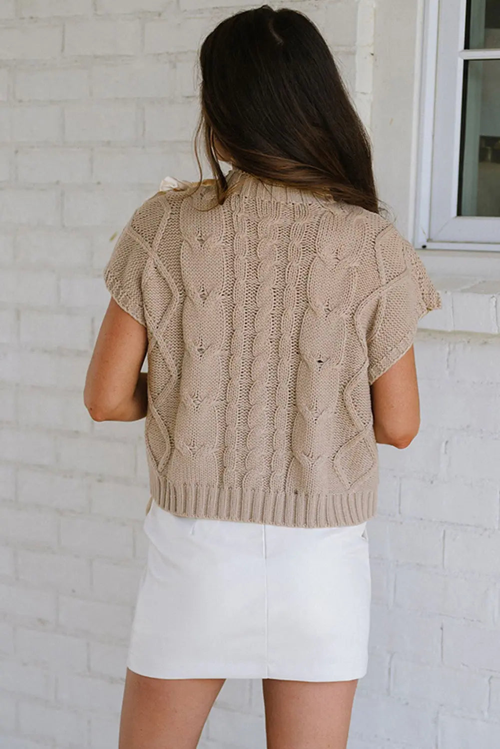 Cable Knit Colorblock Satin Bowknot Short Sleeve Sweater - The Aurora Touch