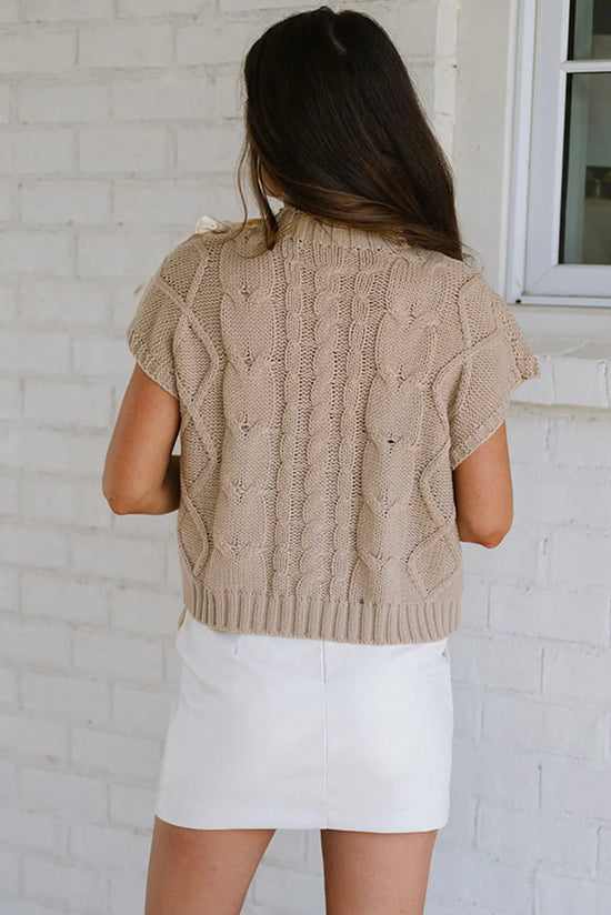 Cable Knit Colorblock Satin Bowknot Short Sleeve Sweater - The Aurora Touch