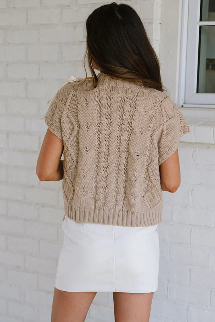 Cable Knit Colorblock Satin Bowknot Short Sleeve Sweater - The Aurora Touch