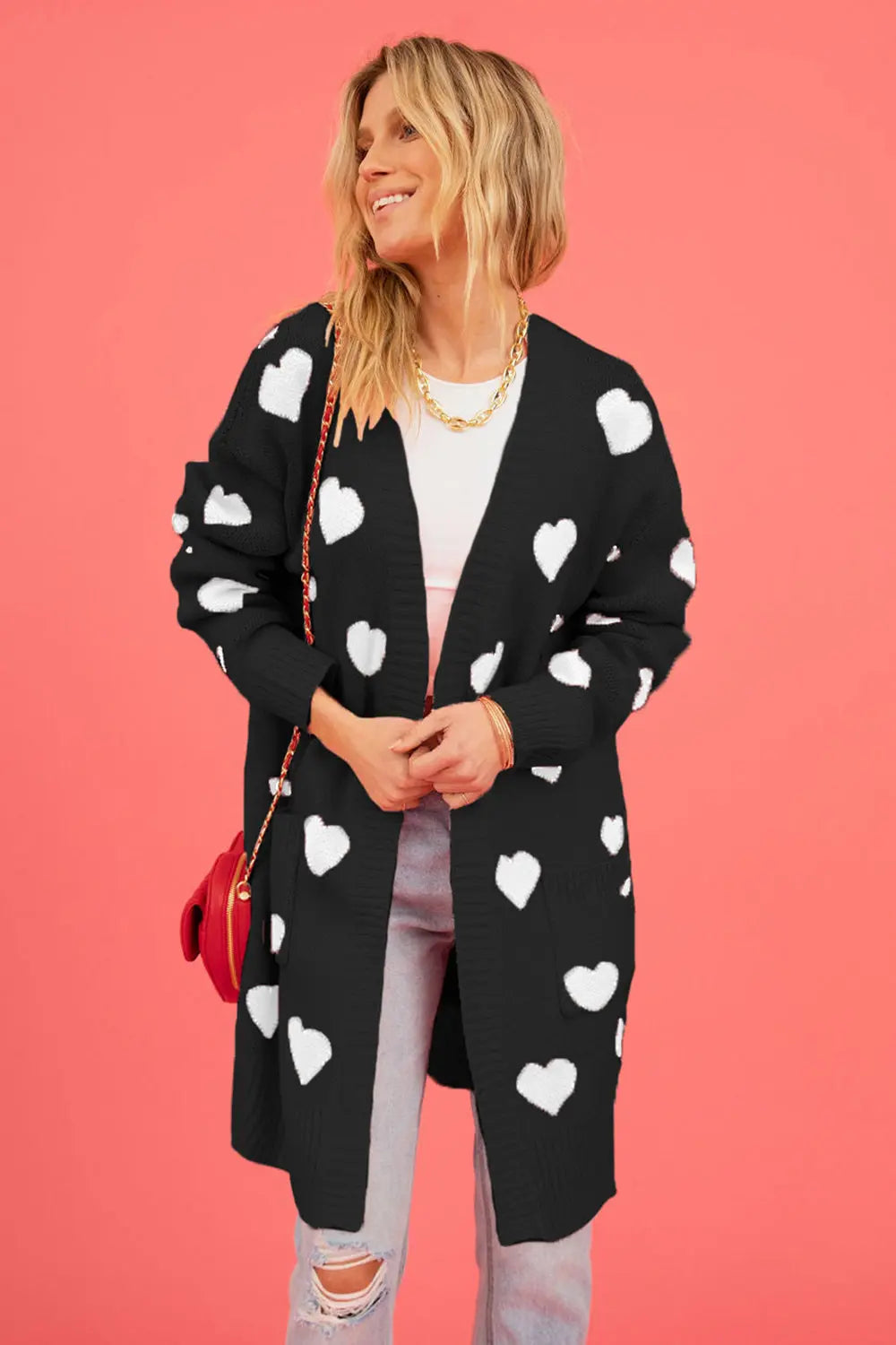 Heart Graphic Open Front Cardigan with Pockets The Aurora Touch