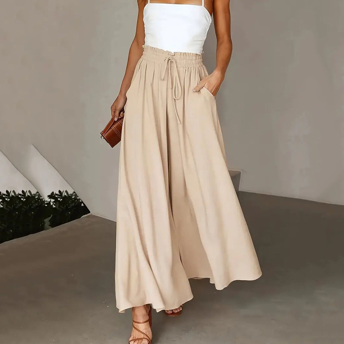 Plus Size Wide Leg Pants - Stylish Solid Paper Bag Waist Design, Elegant Pocket Tie Front, Loose Fit  Comfort